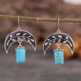 Dangle Earrings Ethnic Square Inlaid Blue Stone Vintage Silver Colour Metal Moon Carving Leaf For Women