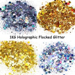 Nail Glitter Gold Silver 1kg 24Color Holographic Flake 1000g Mixed Hexagon Bulk Chunky HOLOGRAPHIC Sequins DIY nails Sparkly Y 230704