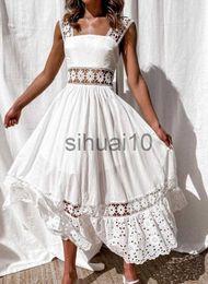 Casual Dresses Women's Dress White Hollow Out Cotton Sundress Lace Sleeveless Long Splicing Summer Party Elegant Evening Woman Skirt Clothing J230705