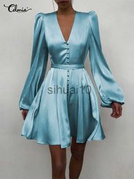 Casual Dresses Women Silk Dress 2023 Satin Mini Robe Summer Elegant Party Wrap Evening Dress Long Lantern Sleeve V Neck Solid Vestidos J230705