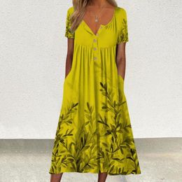 Casual Dresses Women Summer Dress Leaf Print Mid-calf Length Beach V-neck Pockets Pleated Midi Short Sleeves Loose Hem Lady