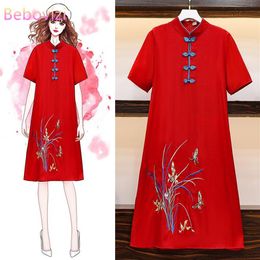 Ethnic Clothing 2021 M-4XL Plus Size Vintage Red Embroidery Chinese Traditional Qipao Casual Party Women Midi Dress Summer Cheongs223h