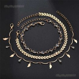 2023 NEW Arrow Leaf Tassel Anklet Chain Gold chains diamond Multilayer Wrap Foot Bracelet women Fashion Jewelry Will and Sandy