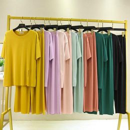 Women's Sleepwear Solid Colour Large Size Loose Summer Female Short Sleeve Slit Pullover Sleep Tops With Long Pyjamas Trousers 2 Piece Suit