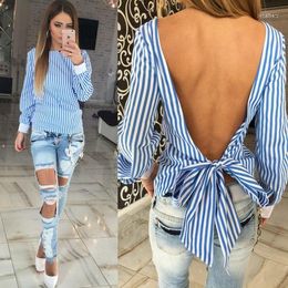 Women's Blouses BKLD Women Blouse 2023 Spring Autumn Sexy Bow Back Open Striped Shirt Long Sleeve Tops Pink Gray