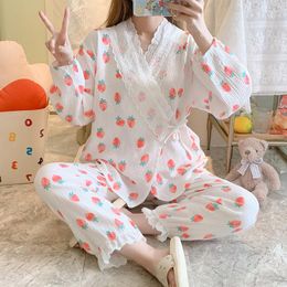 Women's Sleepwear Long-sleeve Japanese-style Kimono Pyjamas Set Female Spring And Autumn Cotton Gauze Home Clothes Cute Sweet 2PCS
