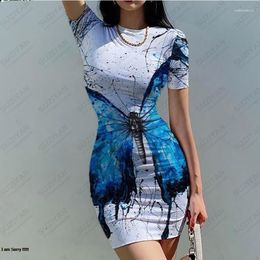 Casual Dresses Summer Selling Tight Dress Women's Short Sleeve Round Neck 3D Printed Sexy Wrap Hip Breathable Party