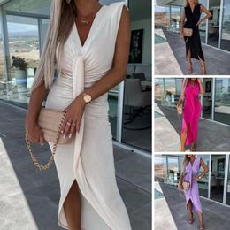 Casual Dresses Hem Gown Dress Streetwear V-neck Sleeveless Solid Color Hip Wrapped Evening Sexy Pleated Asymmetrical