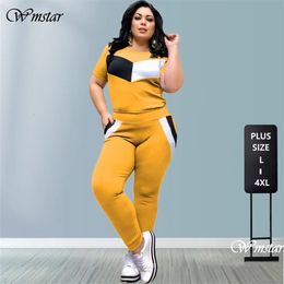 Women's Plus Size Pants 2Piece Track and Field Suit Patch Work Crop Top Short Sleeve Leg Jogging Sportswear Elastic Wholesale Direct Shipment 230705