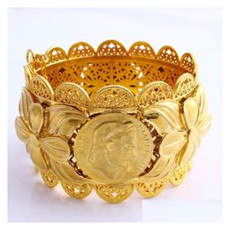 Bangle 70Mm Ethiopian Coin Fashion Big Wide Carve 22K Thai Baht Solid Gold Gf Dubai Copper Jewelry Eritrea Bracelet Accessories Drop Dhds4