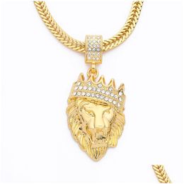 Pendant Necklaces Mens Iced Out Lion Head Necklace Bling Crystal Animal Gold Long Chains For Women Hip Hop Jewellery Drop Delivery Pend Dhrqy