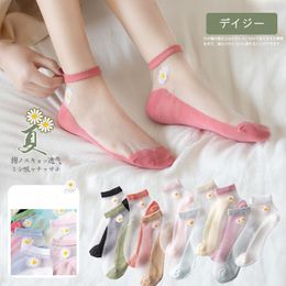 Women Socks 5pairs/Lot Summer Daisy Thin Transparent Set Crystal Lace Glass Silk Sexy Breathable Flower Ankle