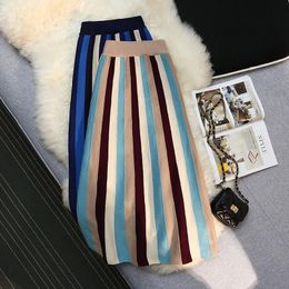 Dresses Vintage Striped Knitted Skirt Women's Mid Long Elastic High Waist Aline Pleated Skirt Female Umbrella Skirts Autumn Winter