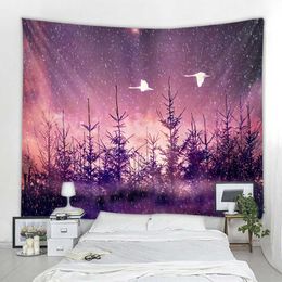 Tapestries Forest Tapestry Wall Hanging Trees And Stars Fabric Tapestry Home Decor Polyester Table Cover Forest Night Tapestry