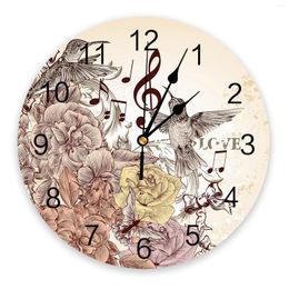 Wall Clocks Yellow Hummingbird Musical Note Flower Bow Large Clock Dinning Restaurant Cafe Decor Round Home Decoration