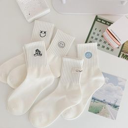 Women Socks 2023 Embroidered Double Needle White Ins Japanese Fashion Cute Smiling Middle Tube College Student