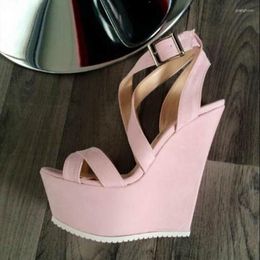 Dress Shoes Fashion Pink Red Wedge Sandals Open Toe Cross Strap High Platform Cut-out Suede Summer Women Customised