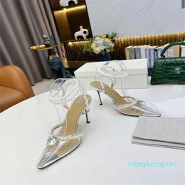 2023 fashion High heeled sandals Leather summer Women Fine heel Heels shoe sexy Pearl Satin Womens Pointed shoes Large size 34-42