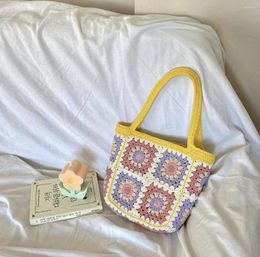 Evening Bags Granny Square Crochet Basket Tote Shoulder Bag For Women Cute Ccolorful Handbag Handmade Knitting Purse