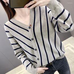 Women's Sweaters 2023 Autumn Winter Women Knitted Striped Sweater Female Casual V-neck Long Sleeve Pullovers Lady Button Loose Warm Jumper