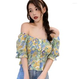 Women's Blouses Women's Floral Print Off Shoulder Summer Short Sleeve Korean Style Single-Breasted Sweet Shirt