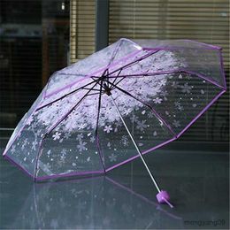 Umbrellas Cherry Blossom Sakura Fold Umbrella Rain Gear Fashion Anti-UV Sun/Rain Umbrella Transparent Clear Umbrella R230705