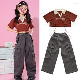 Stage Wear 2023 Ballroom Hip Hop Dance Costumes For Kids Crop Tops Gray Pants Suit Street Dancewear Girls Jazz Performance Outfits DQS13308