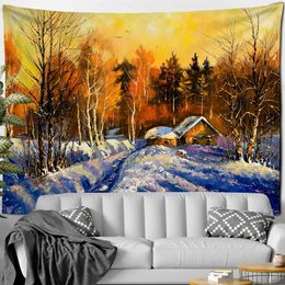 Tapestries Forest Tapestry Oil Painting Cedar Illustration Christmas Day Wall Hanging Stars Night View Room Decor