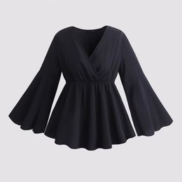 Women's Plus Size TShirt 4XL Black Blouse's Autumn Flare Sleeve Peplum Tops V Neck Oversized T Shirts Elegant Casual Solid Clothing 230705