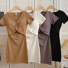 Casual Dresses High Waist A-line Women's Sexy Hollow Out V-neck With Chest Pad Short Sleeve T-shirt Dress 2023 Summer