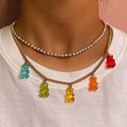 Pendant Necklaces Punk Colorful Gummy Bear Metal Crystal Choker Necklace for Women Multi Layer Cute Tennis Clavicle Chain New Jewelry 230613