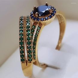 Cluster Rings 2pcs/set Luxury Gold Plated Inlay Black Zircon Ring Fashion Wax Green Ladies Engagement Wedding Set