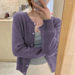 Women's Knits Rimocy Solid Color Knitted Cardigan Women Korean Single Breasted Long Sleeve Jumper Woman Round Neck All Match Cardigans