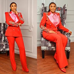 Women Wedding Tuxedos 2 Pieces Red Lace Beading Office Lady Blazer Suits Female High Waist Pants Custom Made