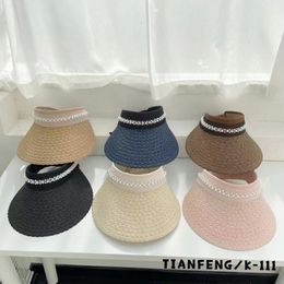 Wide Brim Hats Bucket Empty Top Sun Hat For Women Pearl Straw Design Summer Beach Cover Face Protection Anti stabbing Large 230704