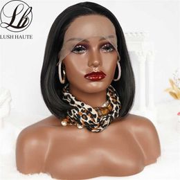 Straight Short Bob Wigs 13x4 Lace Front Wigs Synthetic Natural Black Bob Lace Frontal Wigs For Women Glueless Heat Temperature 230524