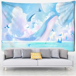 Tapestries Whale tapestry blue sky hanging wall pink starry sky room living room background wall decorative tapestry