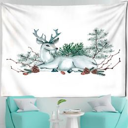 Tapestries Christmas Elk Tapestry Natural Snow Scene Forest Wall Hanging Cartoon Illustration Home Living Room Decor