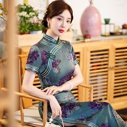 Ethnic Clothing Vintage Women Satin Qipao Sexy Slim Print Flower Dress Chinese Ladies Party Dresses Traditional Mandarin Collar Cheongsam