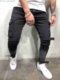 Men's Jeans Mens Black Denim Slim Fit Jeans Male Skinny Pencil Pants Casual Cargo Pants Trousers with Pockets Straps Free Shipping Z230707