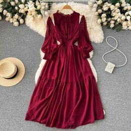 Casual Dresses Maxi Dress Women Off The Shoulder Vintage Long Lantern Sleeve Elegant Pleated Sundress Summer Holiday Style Vestidos