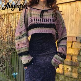 Women's Sweaters Auyiufar Knit Retro Y2k Streetwear Sweater Shrug Tops Fairy Grunge Striped Colour Match Women Crop Top Vintage Goblincore