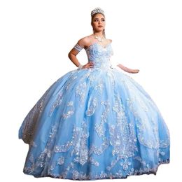 Sky Blue Vestidos de 15 anos Lace Appliques Tulle Ball Gown Formal Party Dress Girl Quinceanera Dresses