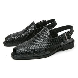 New Black Men Sandals Woven Brown Square Toe Buckle Strap Spring/Autumn Mens Loafer Size 38-46 Free Shipping Men Shoes