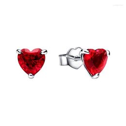 Stud Earrings Prong Setting Red Crystals Hearts Ear Piercing For Women 925 Sterling Silver Original Jewellery Valentine's Day Gift