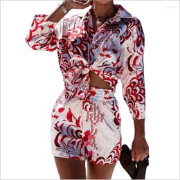 Women's Tracksuits Women Full Sleeve Vintage Print Casual Shorts Set Summer 2 Two Pieces Clothes Female