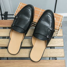 New Black Men Sandals Slippers Patent Leather Double Buckle Men Shoes Round Toe Spring Autumn Handmade Size 38-47