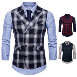 Mens Plaid Business Suit Vest Men Cotton Cardigan Slim Vest For Male Black Red Green Spring M-4XL264U