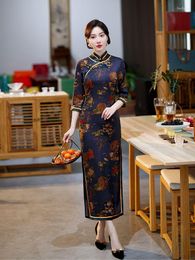 Ethnic Clothing Spring Elegant Seven Points Sleeve Printed Satin Long Qipao Mandarin Collar Cheongsam Chinese Women Dress