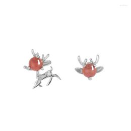 Stud Earrings ES584 ZFSILVER 925 Silver Korean Fashion Trendy Fresh South Red Agate Cute Animal Deer Earring Jewellery Women Match-all Girl